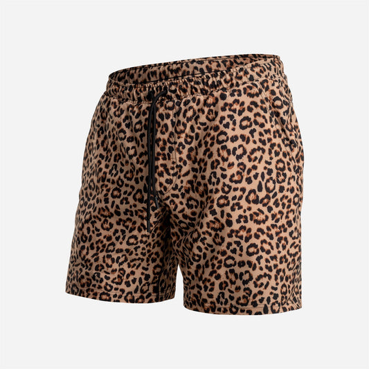 AGUA VOLLEY 2N1 SWIM SHORT 7": LEOPARD PRINT TAN